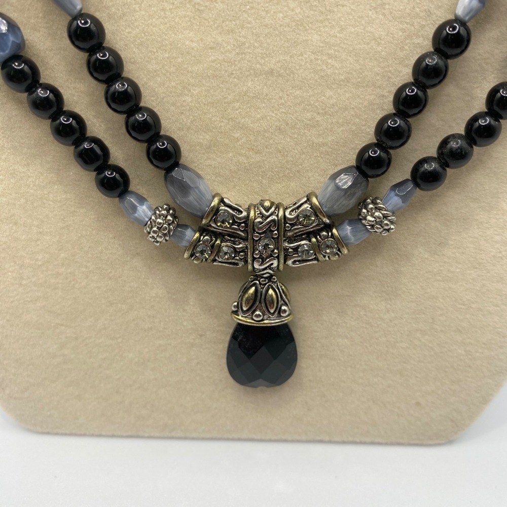 Vintage Double Strand Beaded Necklace Black Gray Rhinestone Pendant Drop 18.5"